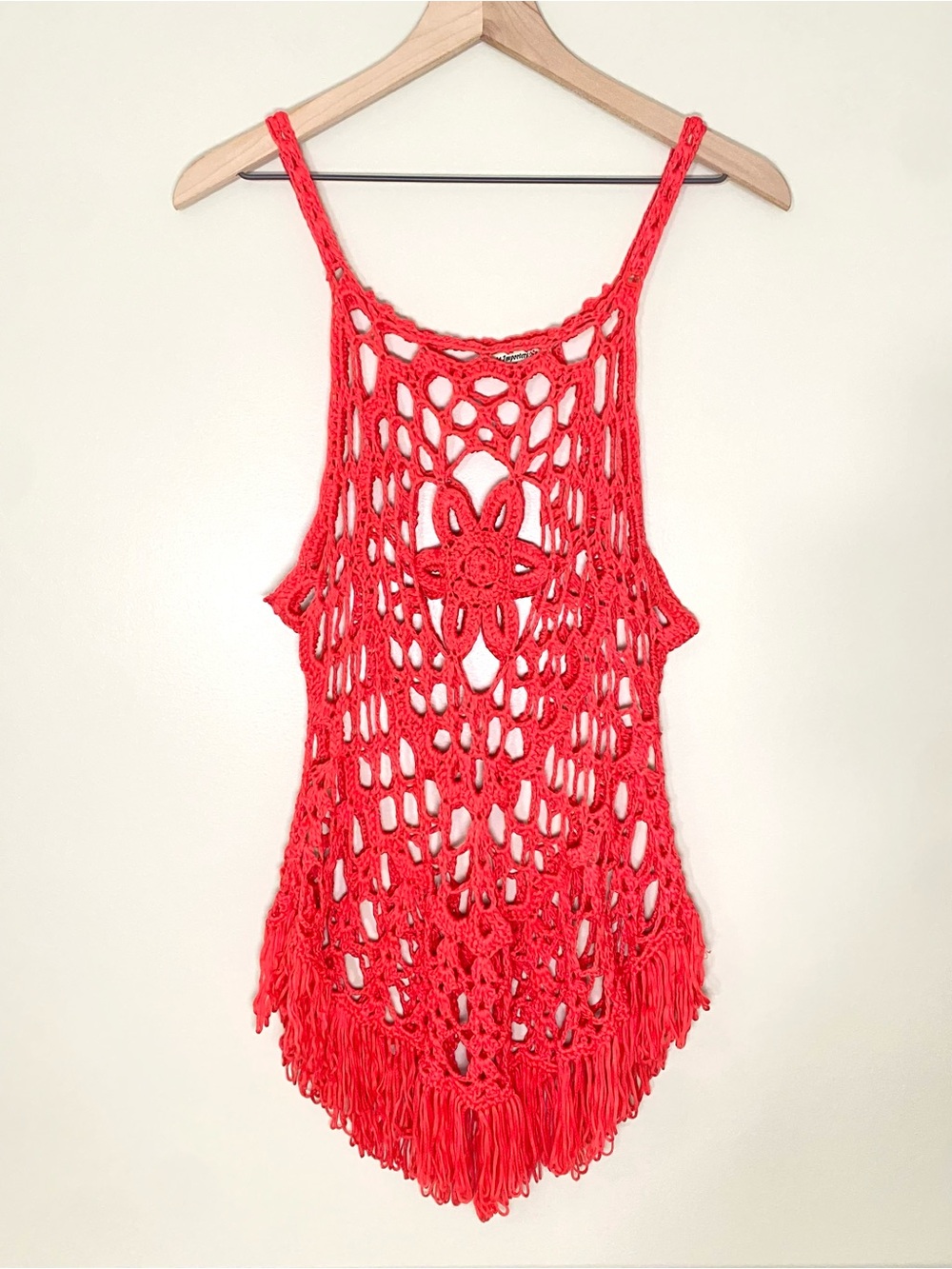 Bright Vibrant Coral Red Boho Crochet Floral Fringe V Tunic Tank Top Cover Up - Picture 1 of 8